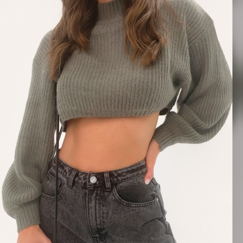 High Neck Balloon Sleeve Cropped Boyfriend Sweater